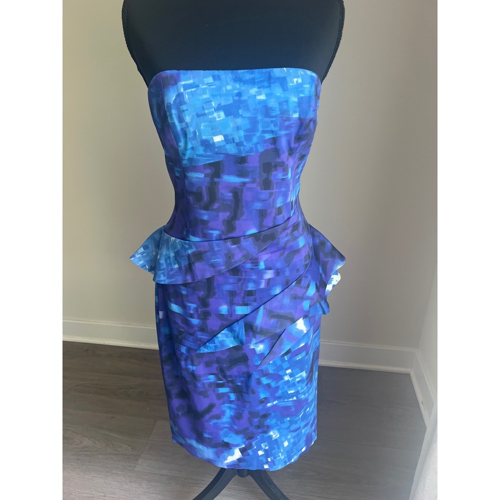 Karen Millen Blue Purple Abstract Print Strapless Peplum Sheath Dress Size 10